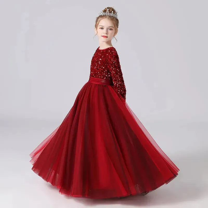Glitter Sequins Long Sleeves Flower Girls Dresses For Wedding Tulle Birthday Party Christmas Dress For Girl