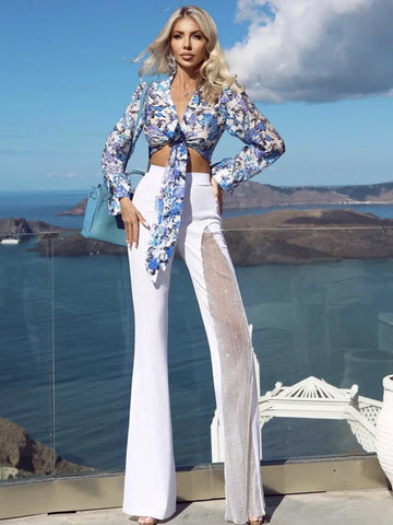 Top Quality Celebrity Black White Red Rayon Bandage Flare Pants Fashion Diamond Keyholes Bodycon Full Length Pants