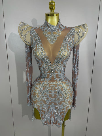 Sexy Singer Stage Drag Queen Costume 2025 Women Shiny Rhinestones Transparent Short Dress Birthday Celebrate Photoshoot Dress