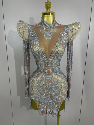 Sexy Singer Stage Drag Queen Costume  Women Shiny Rhinestones Transparent Short Dress Birthday Celebrate Photoshoot Dress