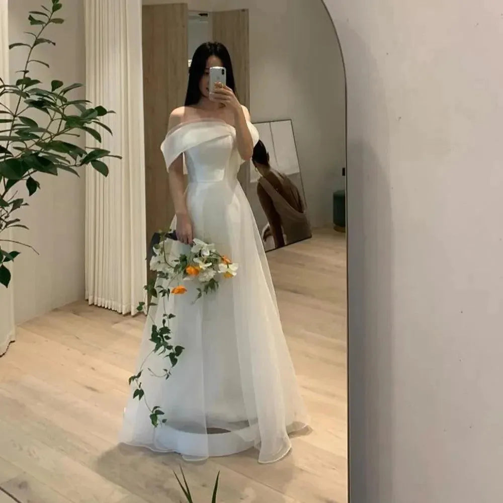 Strapless Organza Custom Made Short Sleeves Elegant Wedding Dresses A-Line Ivory Korea Brides Gowns Women Bridal Dresses As Picture