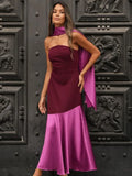 2025 Chic Purple Shawl Collar Off Shoulder Maxi Dress Fashion Contrast Spliced Pleated Hem Backless Robe Lady New Party Dresses