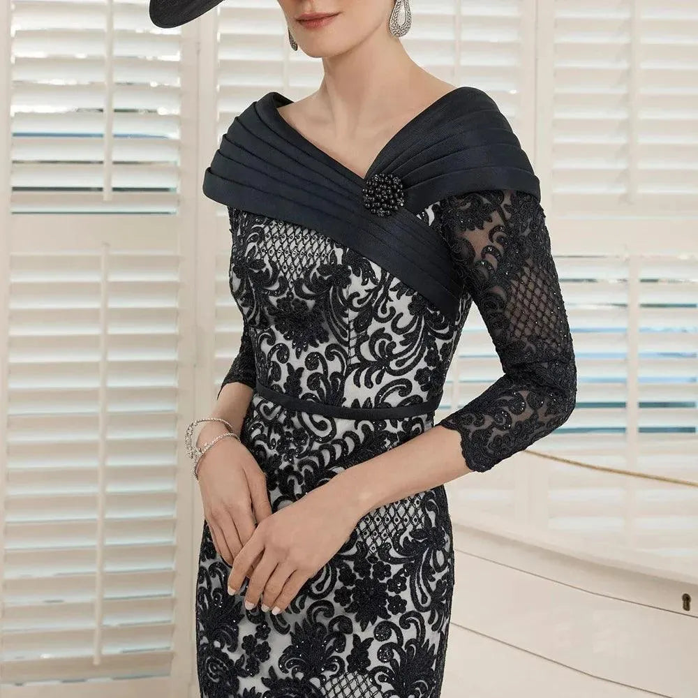 Sheath Mother of the Bride Dresses Lace 3/4 Sleeve Long Prom Gown Simple V-Neck Chiffon Bridal Mom Dress robes invitée mariage