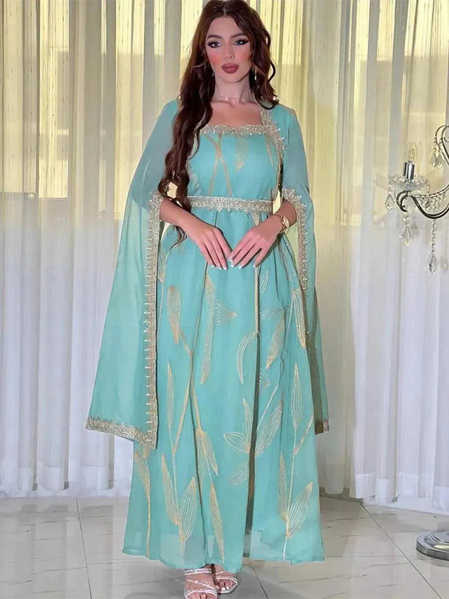 Dubai Abayas For Women Turkish Fashion Belted Kaftan Outfits Jalabiya Evening Gown Ramadan Eid Muslim Femme Floral Gold Stamping Blue Dress