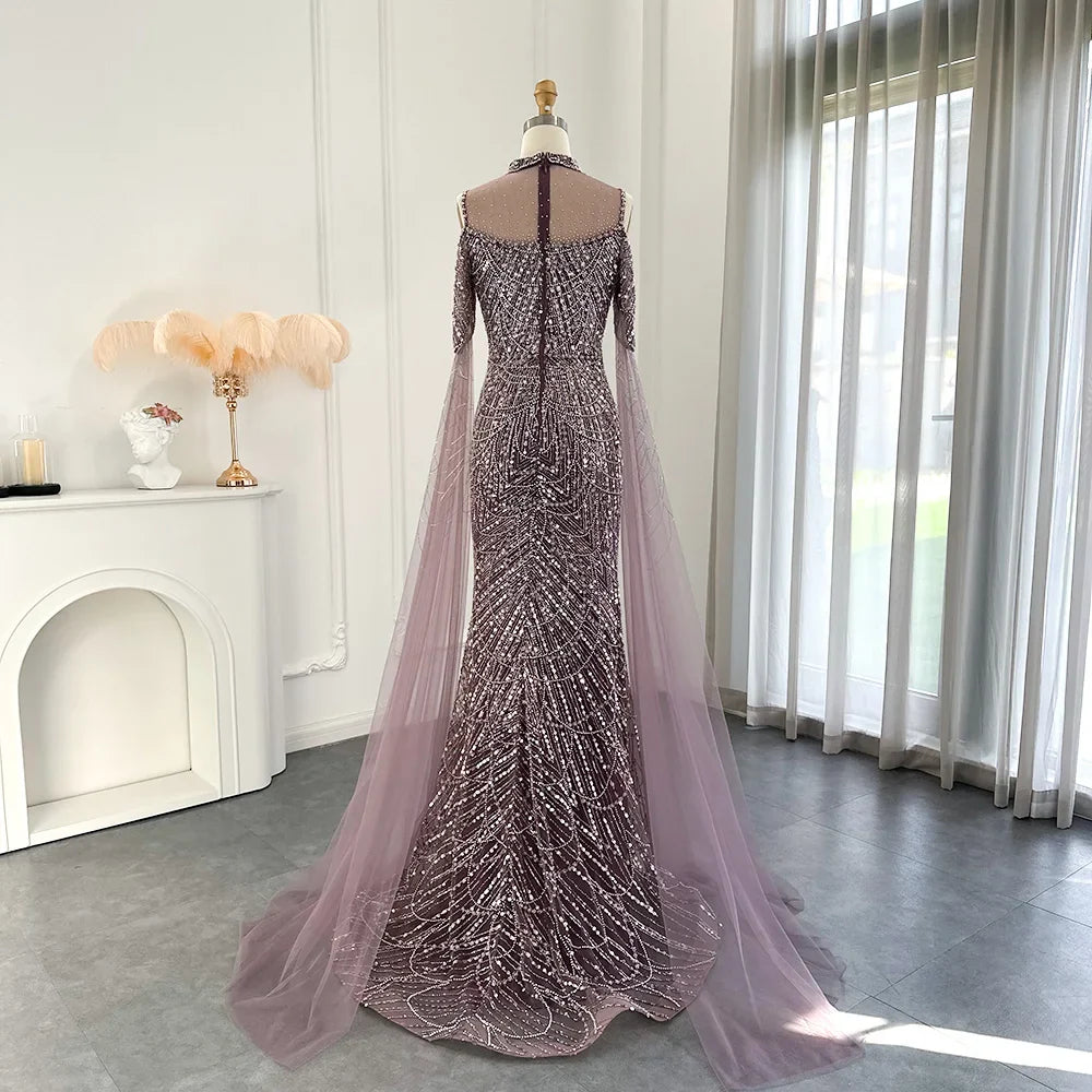 Sage Green Mermaid Luxury Dubai Evening Dress with Cape Sleeves Elegant Women Purple Wedding Formal Party Gown