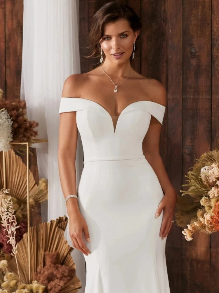 Vestido de novia clásico de sirena con tirantes al hombro, escote en V sexy, botones en la espalda, cola capilla, vestido de novia 