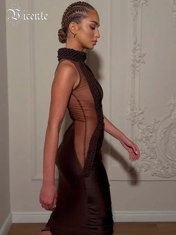 VC Chic Brown Sheer Side Mesh-Paneled Sleeveless Maxi Dress with Braided Details for Party Evening Gown