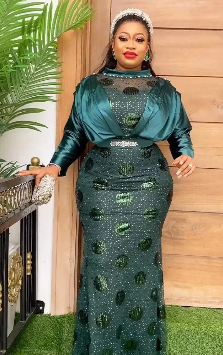 Party Evening Dress African Women Gold Sequin High Waist Dresses Autumn Winter Long Sleeve Wedding Clothes Plus Size