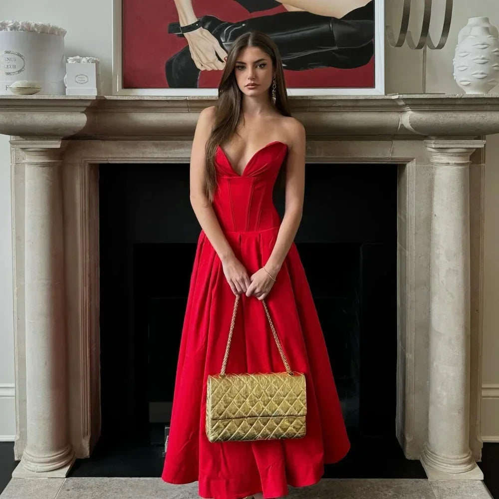 Suninheart Summer Formal Occasion Strapless Dress Sexy Elegant Fit and Flare Birthday Party Dresses Red Women's Clothing refer size chart 2