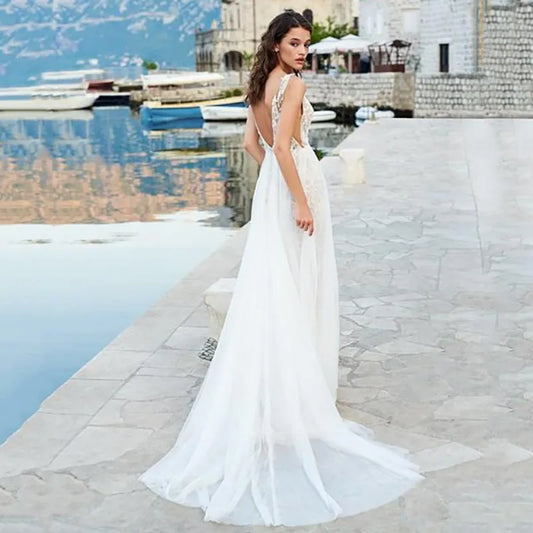 Strand boho backless trouwjurken spaghetti banden kanten bruidsjurken zijkant split v nek bruid jurk vestido de novia