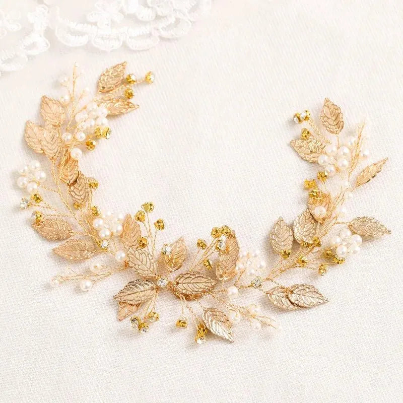 Premium Touch Handmade Gold Leaf Pearl Elegant Wedding Bride Hair Makeup Tiara Headbands For Women Gold
