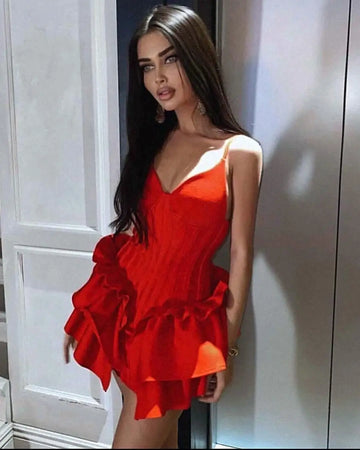 Red Color Women Sleeveless Sexy V-Neck Bodycon Mini Bandage Dress Ruffles Fashion Celebrate Birthday Party Girls' Dress Vestido