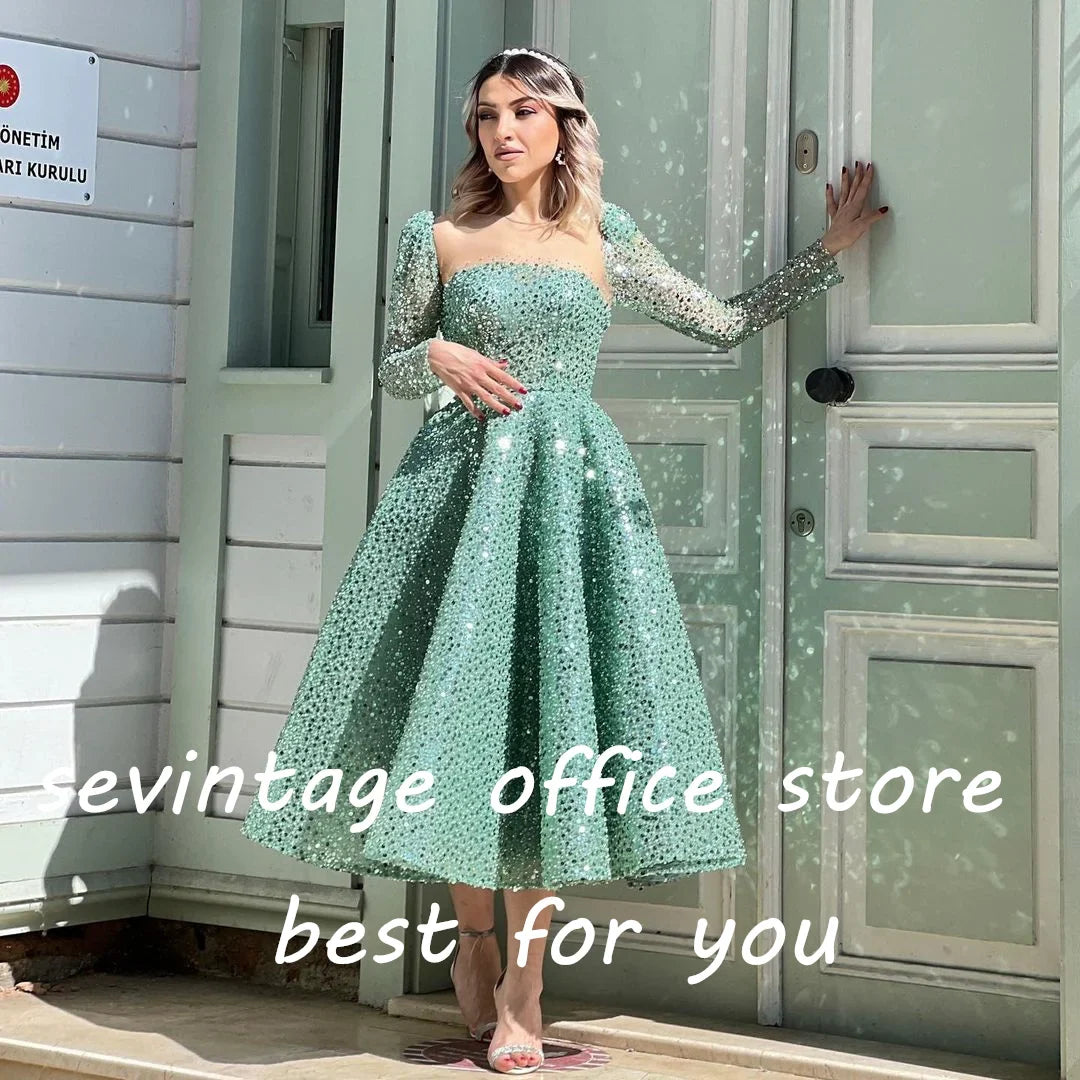 Modest Turquoise Sequined Beading Pearls Prom Dresses Long Sleeves A-Line Arabic Muslim Evening Dress Engagement Gowns