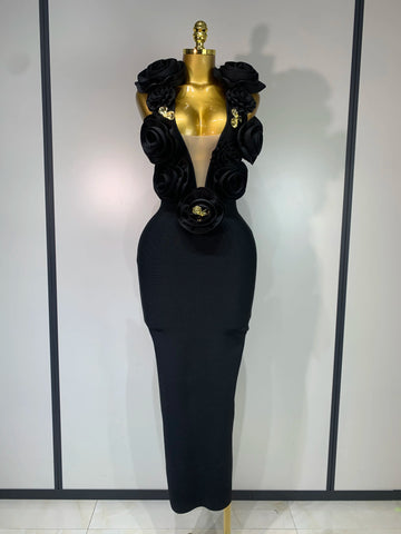 Fashion Black 3D Flower Bodycon Long Bandage Dress Celebrity Elegant Party Birthday Dress Women's Sleeveless Sexy Vestidos