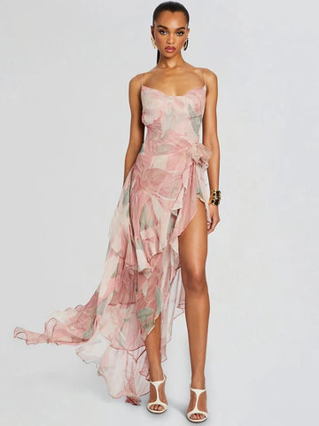 VC Floral-Print Ruffled Long Dress Pink Color Cowl Neck Spaghetti Straps Pleated Hem Strapless Maxi Cocktail Party Evening Gowns
