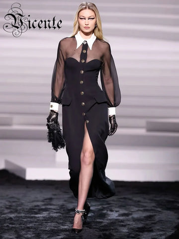 VC Women Elegant And Pretty Dress 2024 Spring Summer Fashion Party Long Sleeve Button Black Ankle Length Dresses