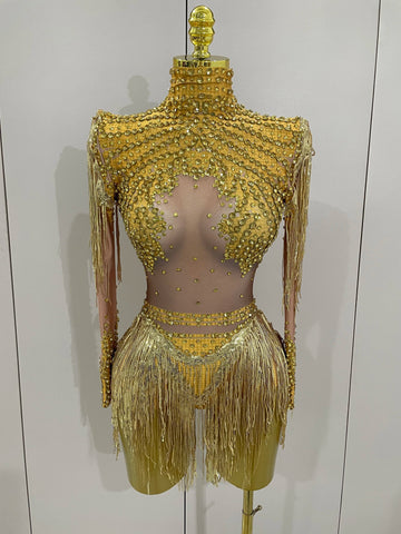 Sparkly Rhinestone Sequin Tassel Stretch Bodysuits  Women Birthday Party Nightclub Dj Stage Performance Costume