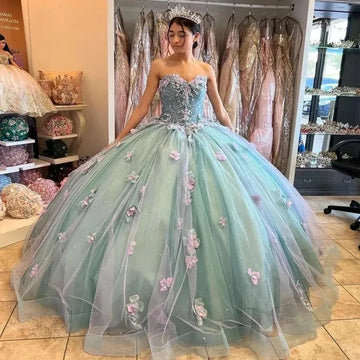 Quince Dress | Sweetheart 3D Flowers Quinceanera Dresses With Bow Beading Appliques Princess Birthday Party Prom Gown Corset Back