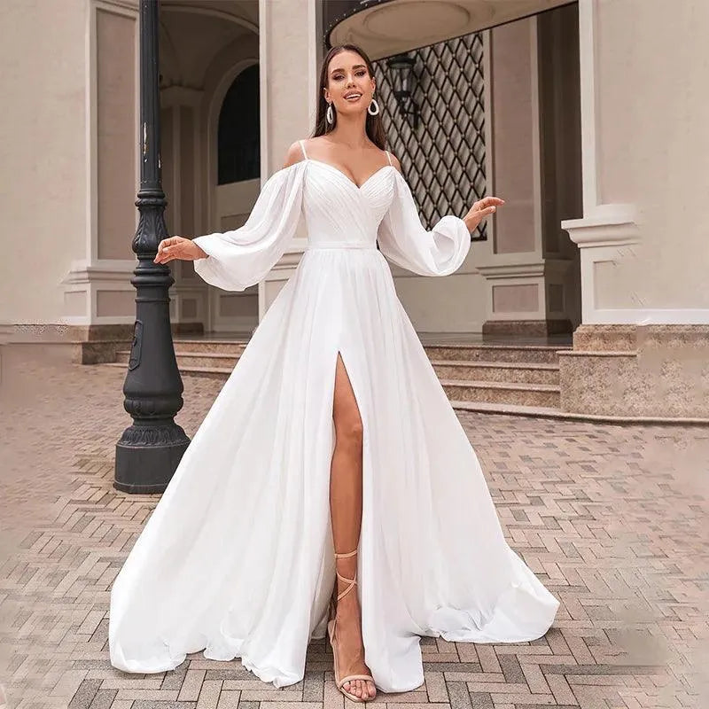 Vintage V-Neck Simple A-Line Wedding Dresses Off the Shoulder Long Puff Sleeves Bridal Gowns Vestido De Novia Ivory 26W