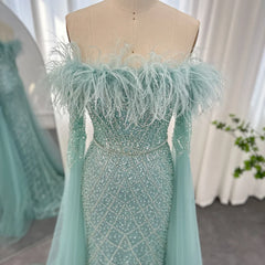 Luxury Feather Turquoise Dubai Evening Dress with Cape Sleeves Lilac Arabic Women Wedding Party Prom Gown