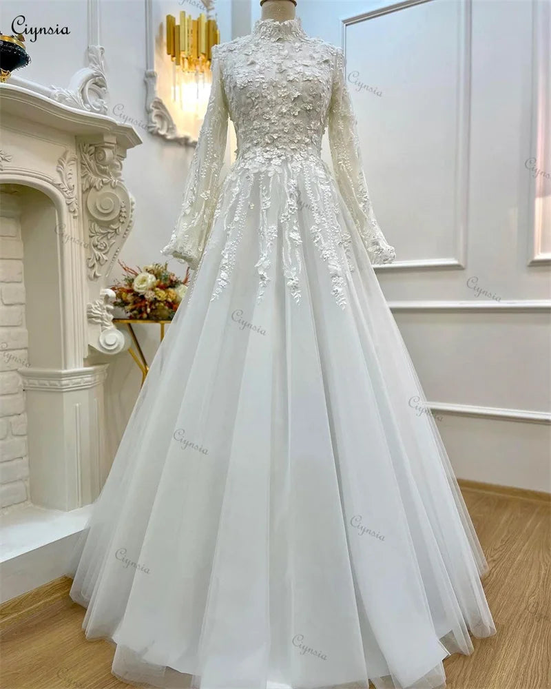 High Neck A Line Princess Wedding Dresses For Women Bride Full Sleeves Lace 3D Flowers Elegant Bridal Party Gown