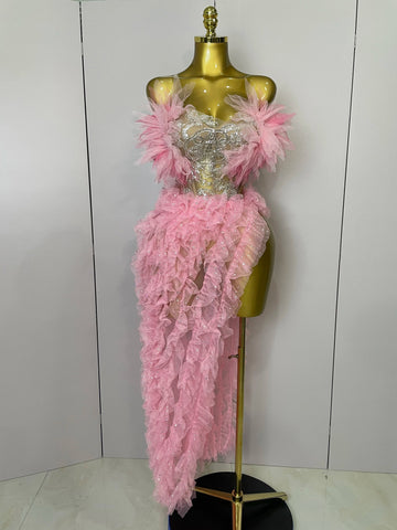 Women Pink Ruffles Sexy Strapless Mini Tops 2 PCS Set Dress Nightclub Bar Birthday Party Evening Stage Performance Costume