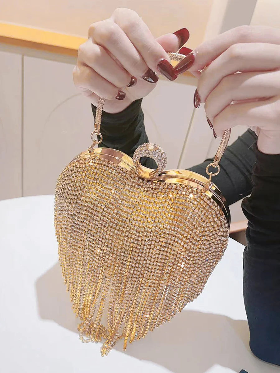 Rhinestone Clutch Heart Shape Luxury Tassel Evening Purse Bag Diamond Wedding Party Handbag Sliver Gold Handle Evening Bag