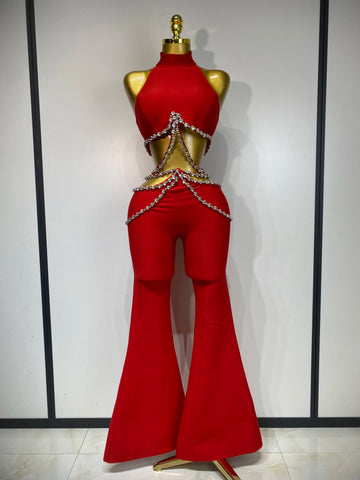 Women Luxury Rhinestone Red Sexy Cut Out Two Piece Pants Bandage Set 2025 Celebrity Designer Fashion Women's Set Stage Outfit