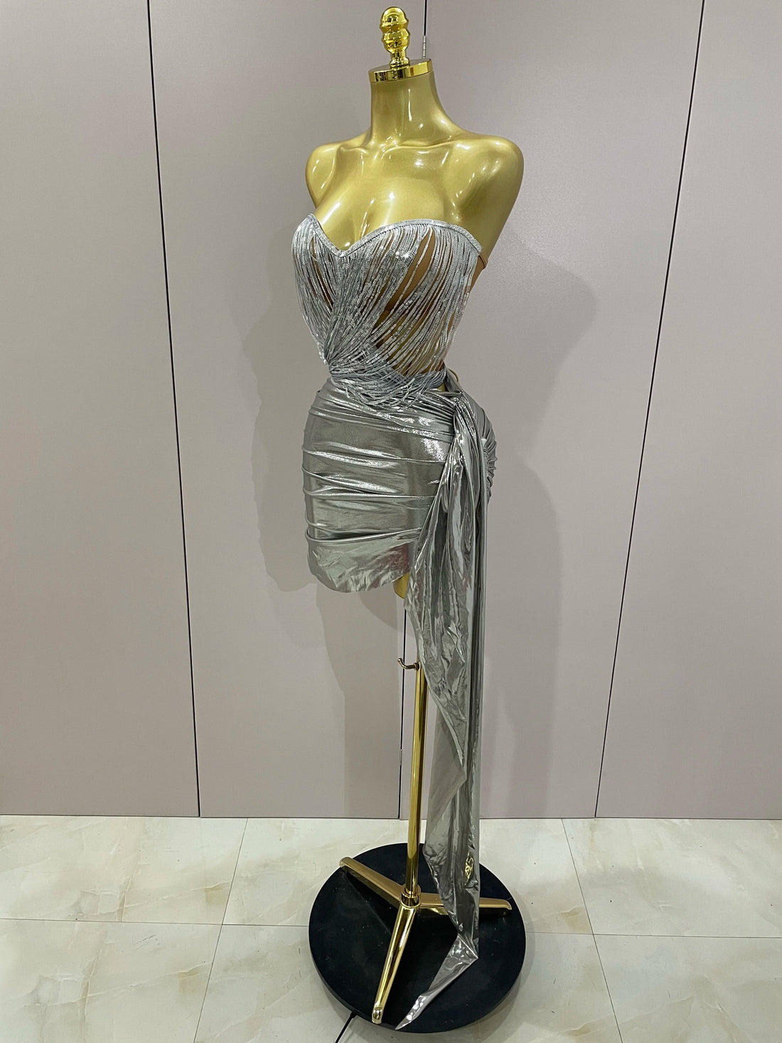 Shiny Silver Sequin Tassels Mini Dress 2-piece Set  New Women Evening Birthday Party Club ShootPhoto Stage Costume