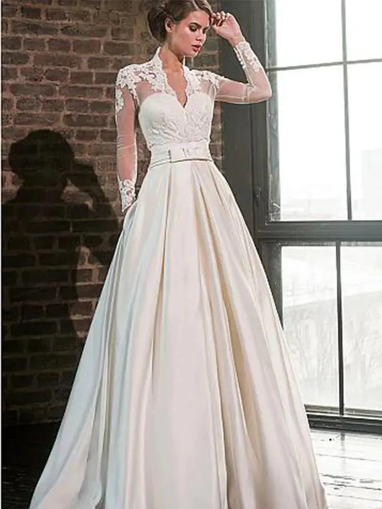 Elegant Wedding Dresses Long Sleeves Lace Satin with Pockets Wedding Gowns Bride Dress Vintage Customize Robe De Mariee 2 Satin