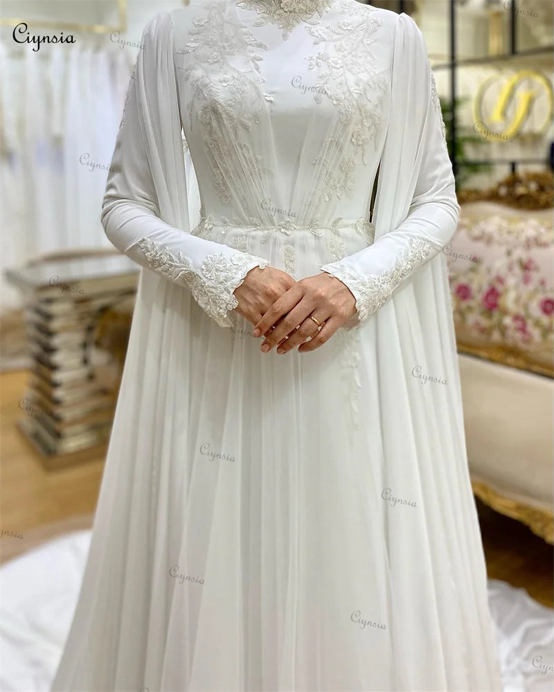 Elegantes vestidos de novia para mujer, de gasa, con cuello alto, abaya, mangas largas, hijab, vestido de novia islámico con capa