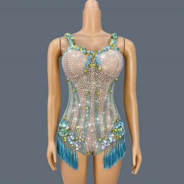 Sparkly Rhinestone Shell Tassel Bodysuit Club Dance Performance Leotard Women Nightclub Party Singer Stage Sexy Bodysuit Nanning