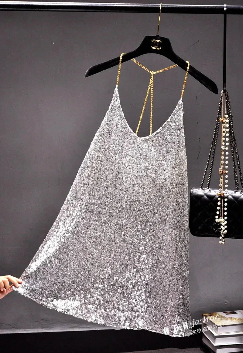 Dresses for Women Party Metal Chain Hanging Neck Render In Sequined Dress Sexy Backless Nightclub Female Costumes