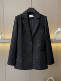 Solid Loose Spliced Bead Fashion Blazers for Women Lapel Long Sleeves Patchwork Single Breasted Blazer Female New BLACK