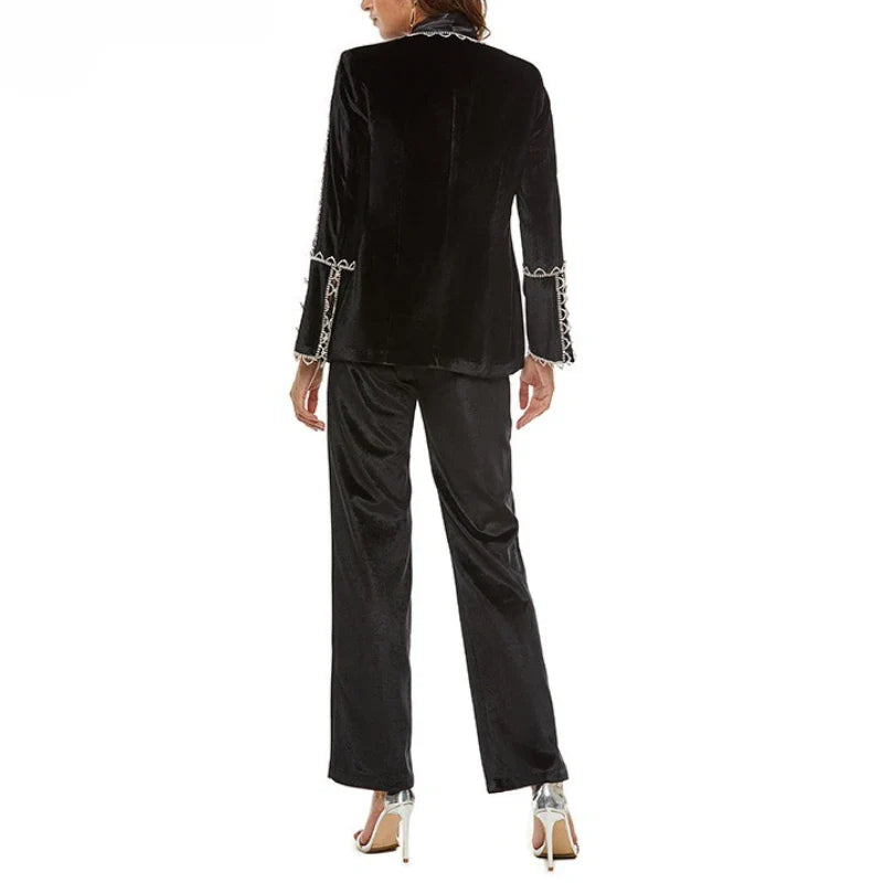 TWOTWINSTYLE Solid Spliced Bead Three Piece Sets for Women Lapel Long Sleeves Top V Neck Sleeveless Vest Long Pants Set Female