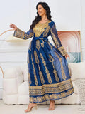 Blue Fashion Sequins Embroidery Muslim Woman Oriental Dress With Sashes Moroccan Turkish Women Elegant Party Gown Blue Dress