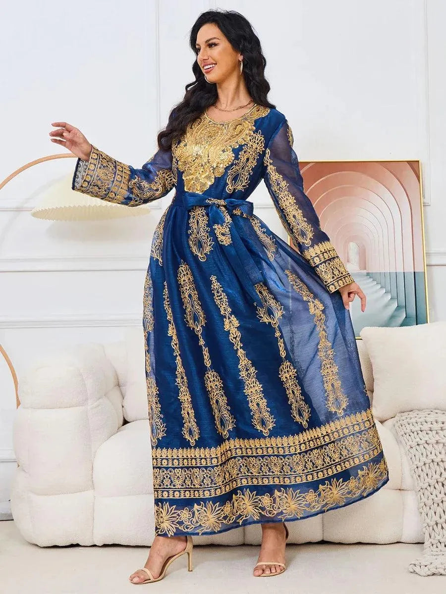 Blue Fashion Sequins Embroidery Muslim Woman Oriental Dress With Sashes Moroccan Turkish Women Elegant Party Gown Blue Dress