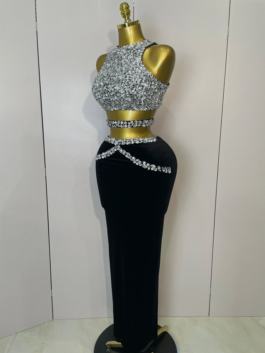 Women Sparkly Rhinestone Two-piece Set Sexy Velvet Singer Nightclub Outfit Celebrate Birthday Elegant Party Dresses
