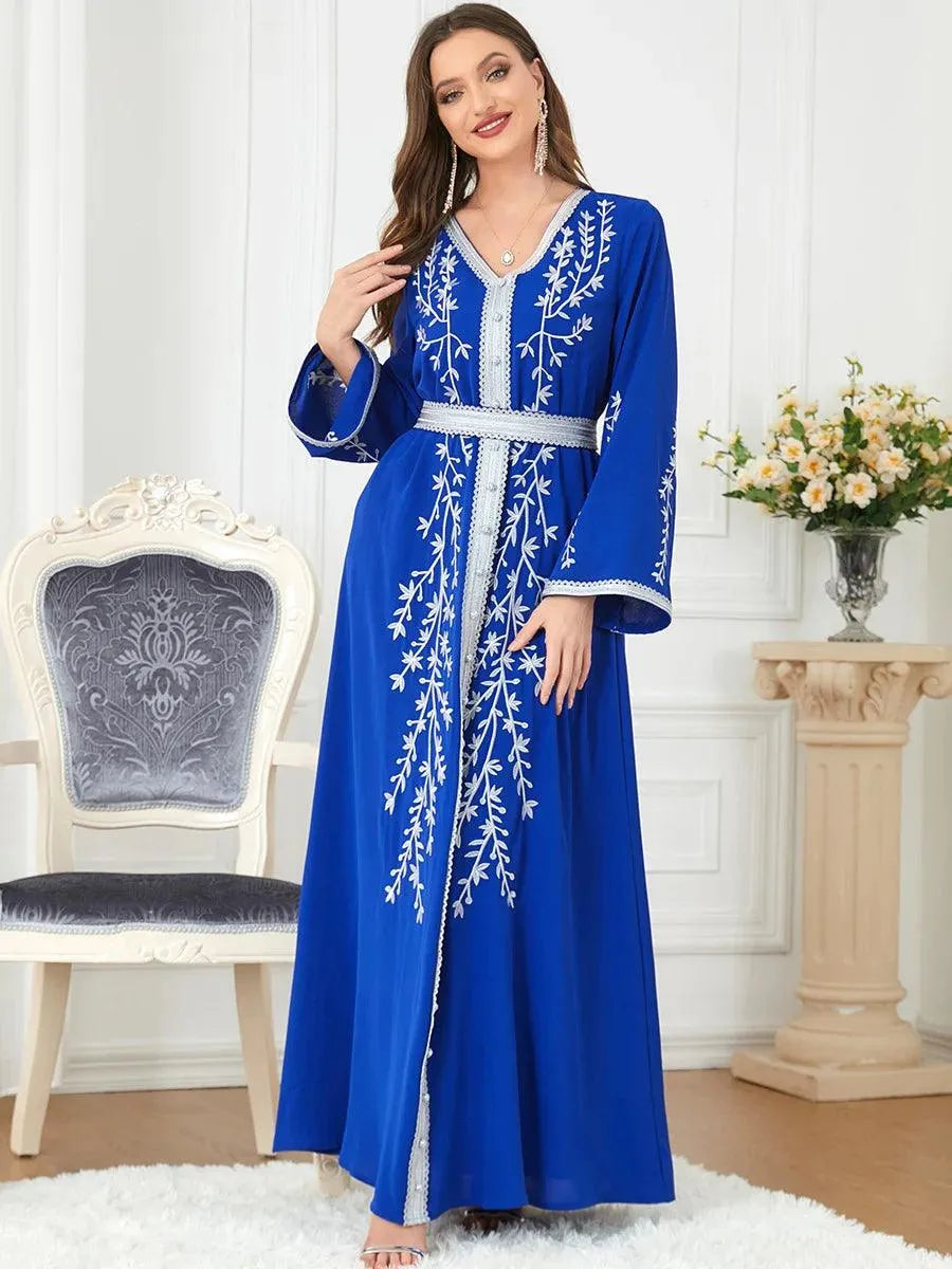 Leaf Embroidered Moroccan Oriental Dress Evening Party Kaftan for Women Belted Arabic Gown Islamic Caftan Muslim Abaya Ramadan