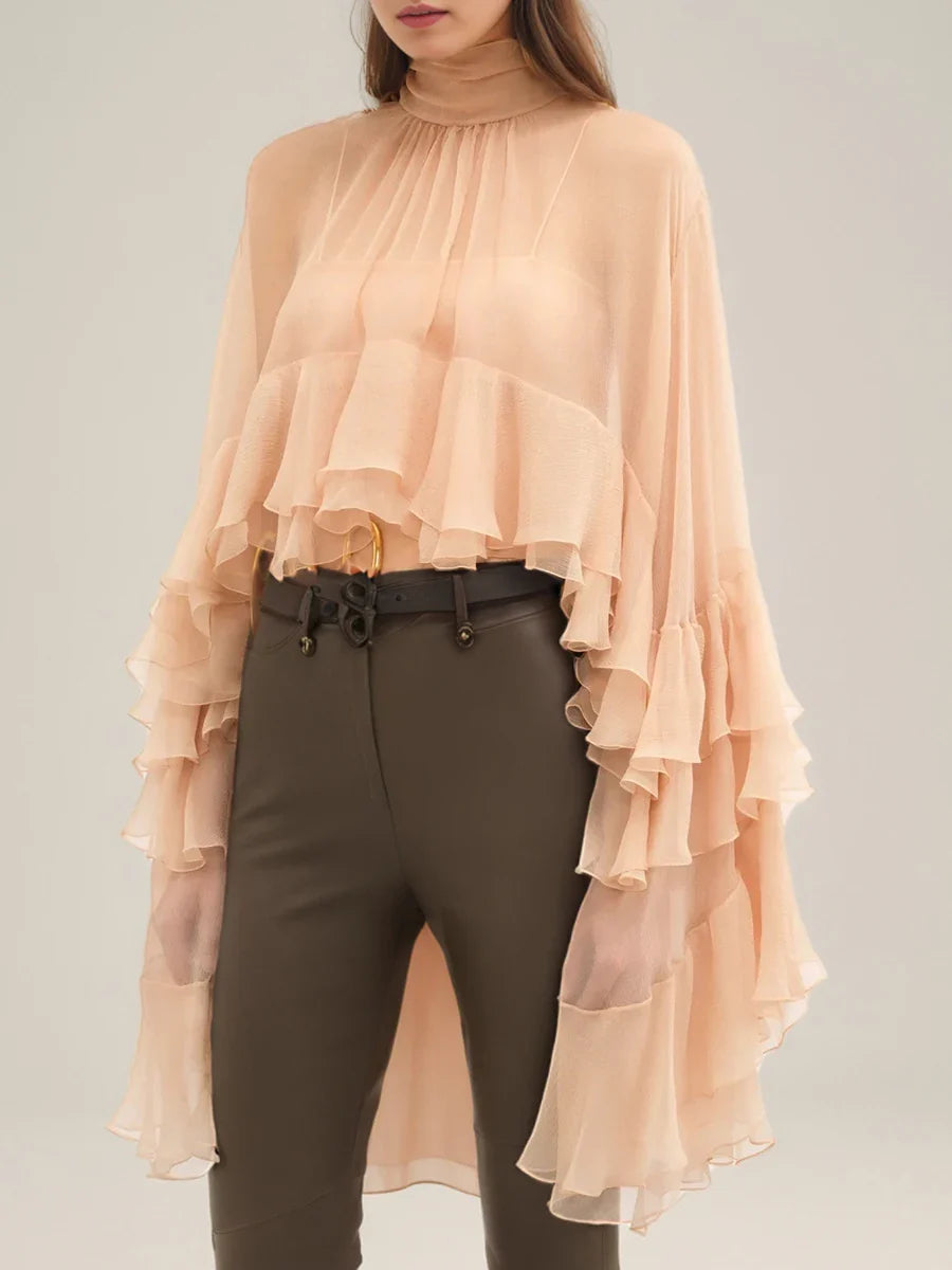 Solid Loose Sheer Blouses for Women High Neck Long Sleeves Patchwork Ruffles Folds Elegant Blouse Female Clothing