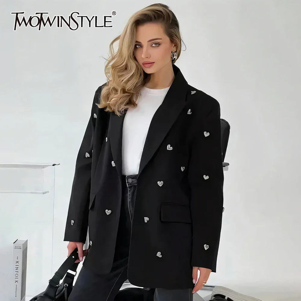 Elegant Spliced Heart Blazers For Women Notched Collar Long Sleeve Patchwork Pockets Chic Blazer Female Fashion New