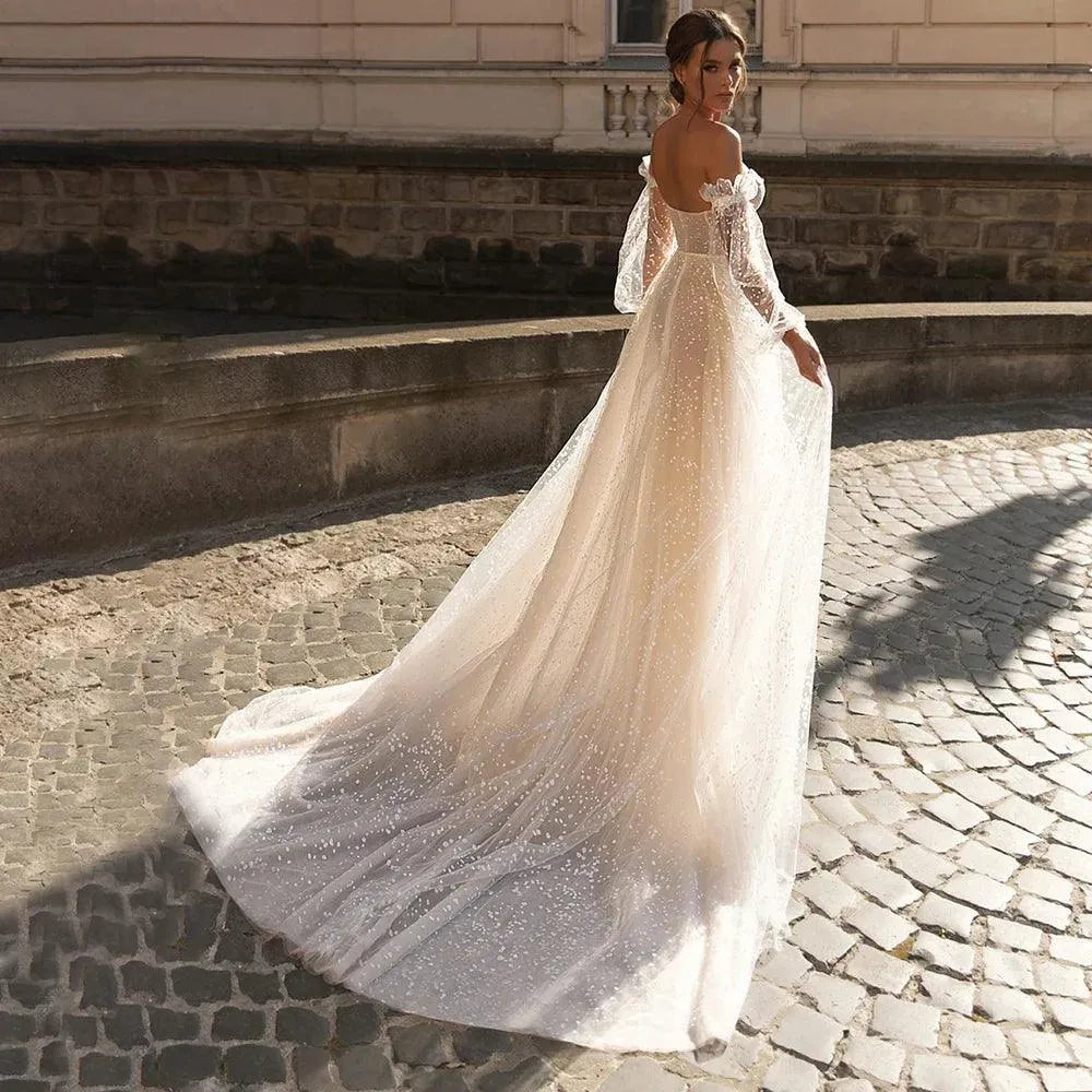 Sexy Sweetheart Strapless Puff Sleeves A-Line Wedding Dresses For Bride Backless Glitter Dot Tulle Robe De Marié 14W