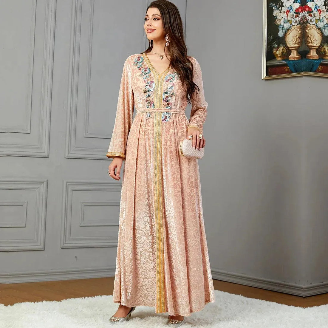 Muslim Dress V-neck Dubai Islam Arab Fashion Autumn And Winter Beads Velvet Women's Dress For Evening Party Abaya Women Clothing dress