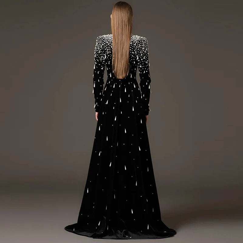 TWOTWINSTYLE Slimming Luxurious Dresses for Women Round Neck Long Sleeves Patchwork Bead Temperament Dress Female Clothing New