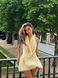 Sexy Yellow V Neck Pleated Off-the-shoulder Mini Dress Chic Sleeveless Backless Strsp Gown New Lady Summer Party Club Vestidos