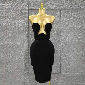 Women Sexy Strapless 2 Pieces Bodycon Rayon Bandage Midi Dress Nightclub Party Fashion Birthday Dress