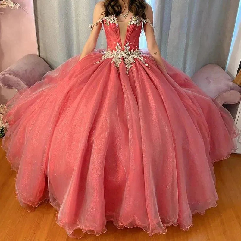 Quince Dress | Glittering Crystals Quinceanera Dress Off-Shoulder Ball Gown Vestidos De 15 Anos Formal Birthday Party Prom Dress As Picture