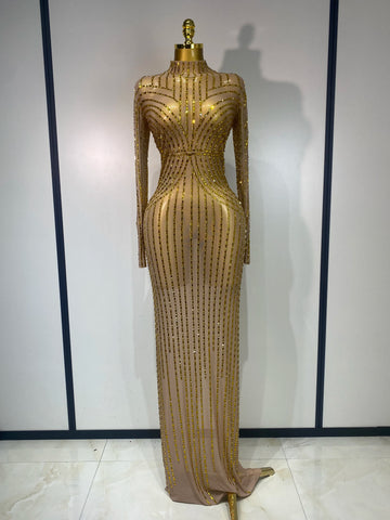 Sexy Long Sleeve Mesh See Through Gold Silver Maxi Dress Evening Party Singer Costume Stage Performance Luxury Birthday Dress