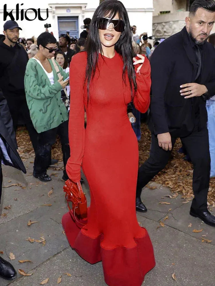 kliou Patchwork Stunning Dress Women Solid Elegant Long Sleeve O-neck Ruffly Irregulary Bodycon Hipster Female Autumn New Robe