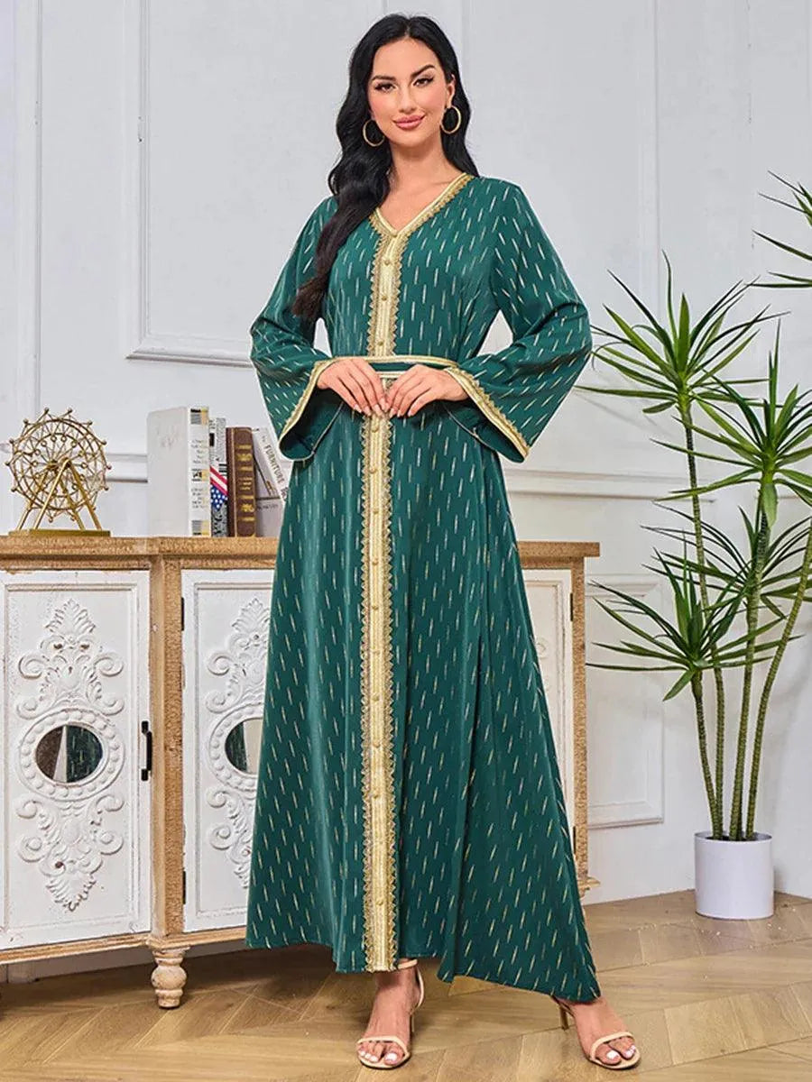 Abaya Muslim Fashion Chic Tape Trim Full Sleeve V-Neck Belted Clothing Elegant Casual African Long Dresses For Women Red Dress